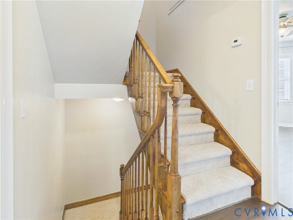4515 Exton Lane, Chester, VA 23831 Access 3rd level-Staircase with wood-finish handrails and newel posts, carpeted treads, and neutral wall paint