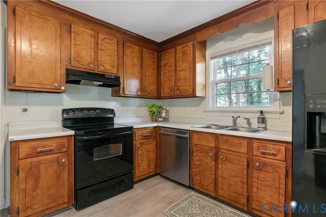 200 Stanmore Road, North Chesterfield, VA 23236 Wood-finish cabinetry with white countertops, stainless steel sink, black electric range, and a built-in dishwasher