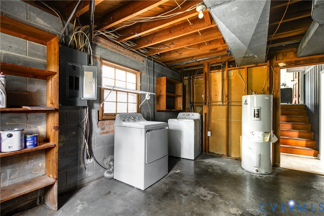 200 Stanmore Road, North Chesterfield, VA 23236 Concrete flooring, exposed ceiling beams, built-in shelving, water heater, and window