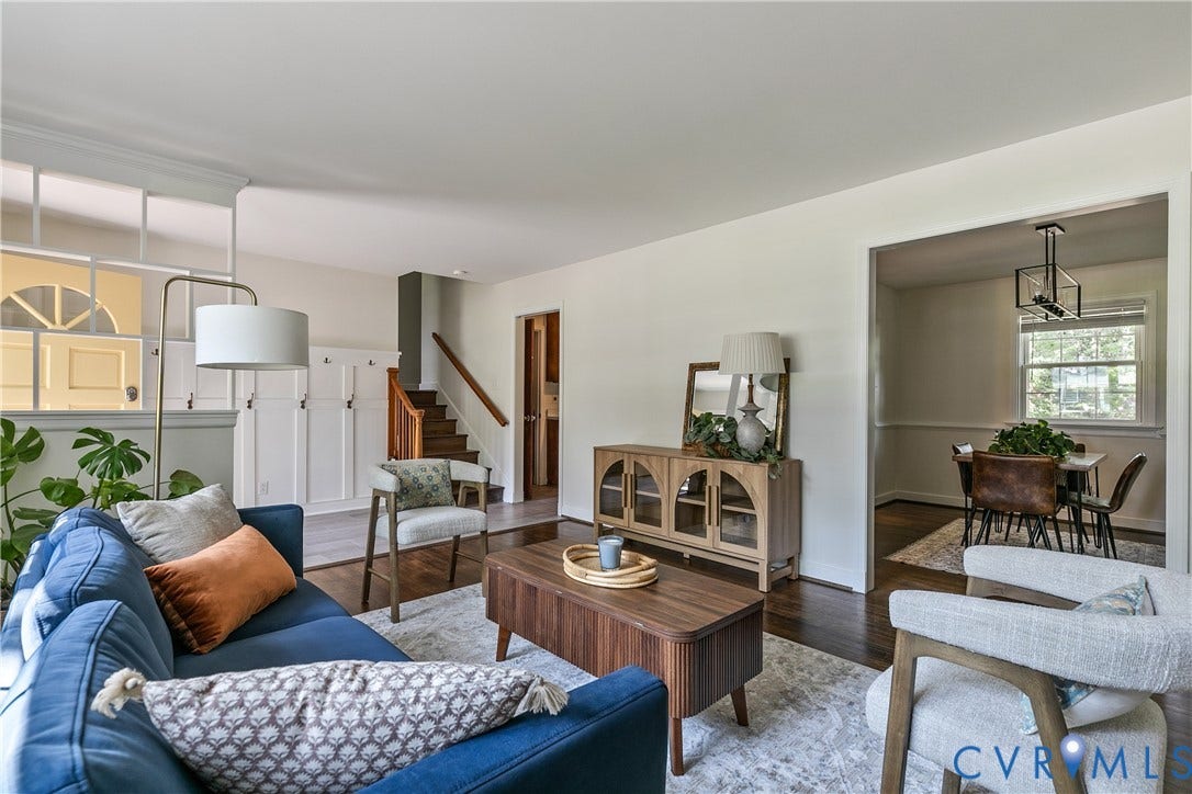 200 Stanmore Road, North Chesterfield, VA 23236 Hardwood-finish flooring, built-in storage with hooks, staircase with wood railings, recessed lighting, and a dining area with crown molding