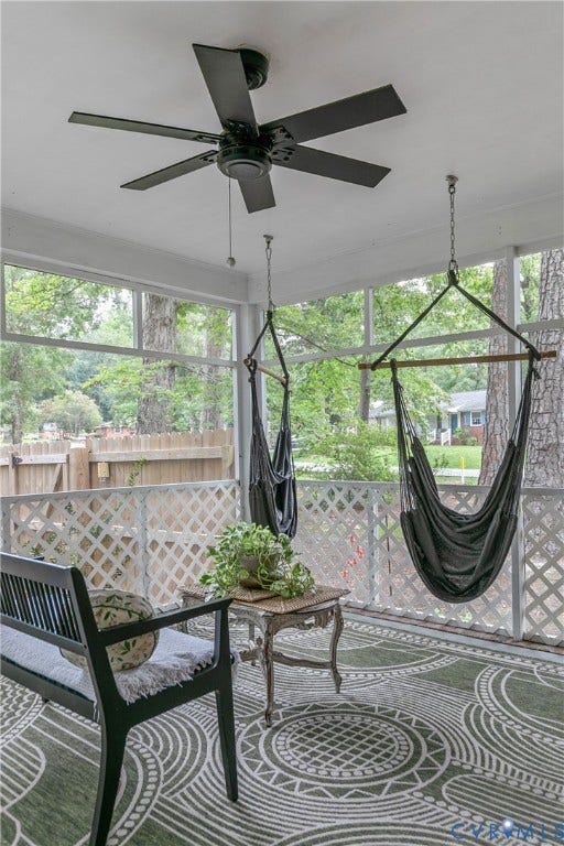 200 Stanmore Road, North Chesterfield, VA 23236 Screened outdoor porch featuring a ceiling fan and lattice railing