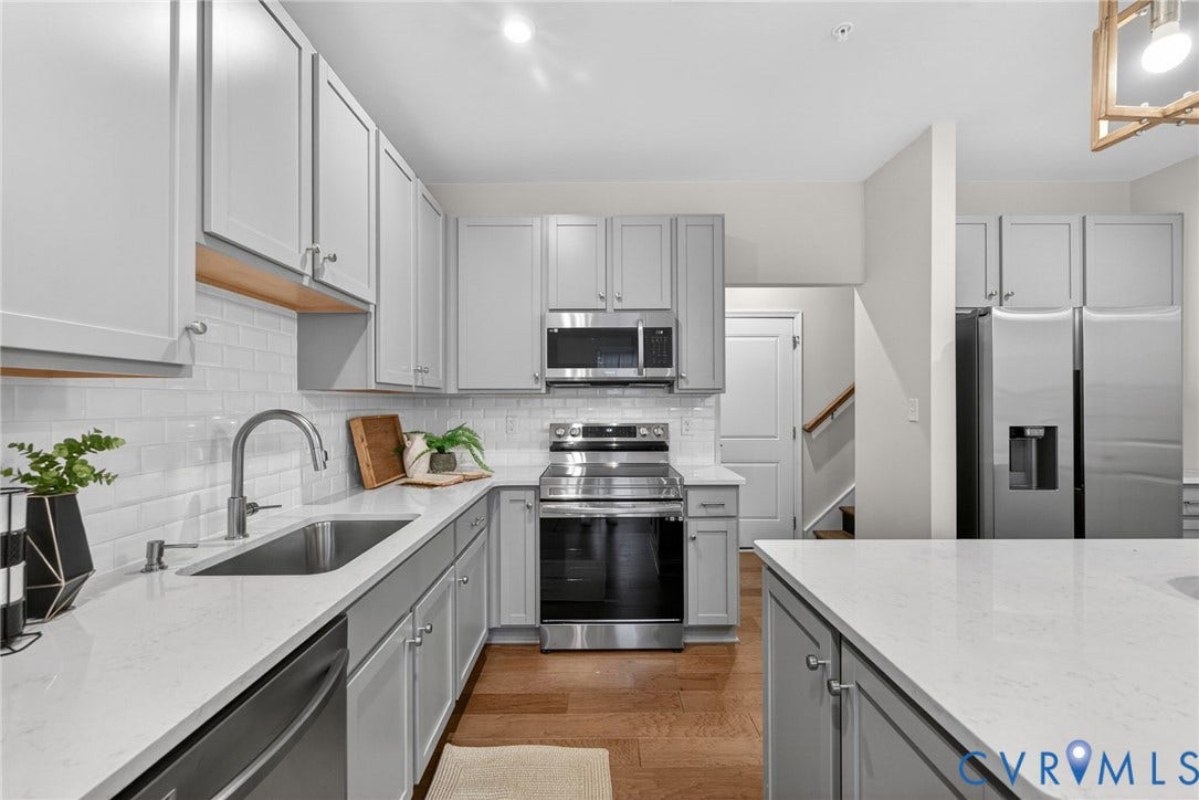 2439 Ownby Lane, #B 13, Richmond, VA 23220 Kitchen featuring light gray cabinetry, stainless steel appliances, white subway tile backsplash, white countertops, and wood-finish flooring