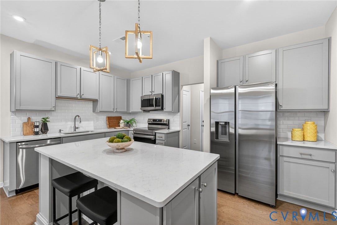 2439 Ownby Lane, #B 13, Richmond, VA 23220 Modern kitchen featuring white shaker-style cabinetry, stainless steel appliances including a gas range and built-in refrigerator, white quartz countertops, a large center island with seating, pendant lighting, subway tile backsplash, and wood-finish flooring throughout