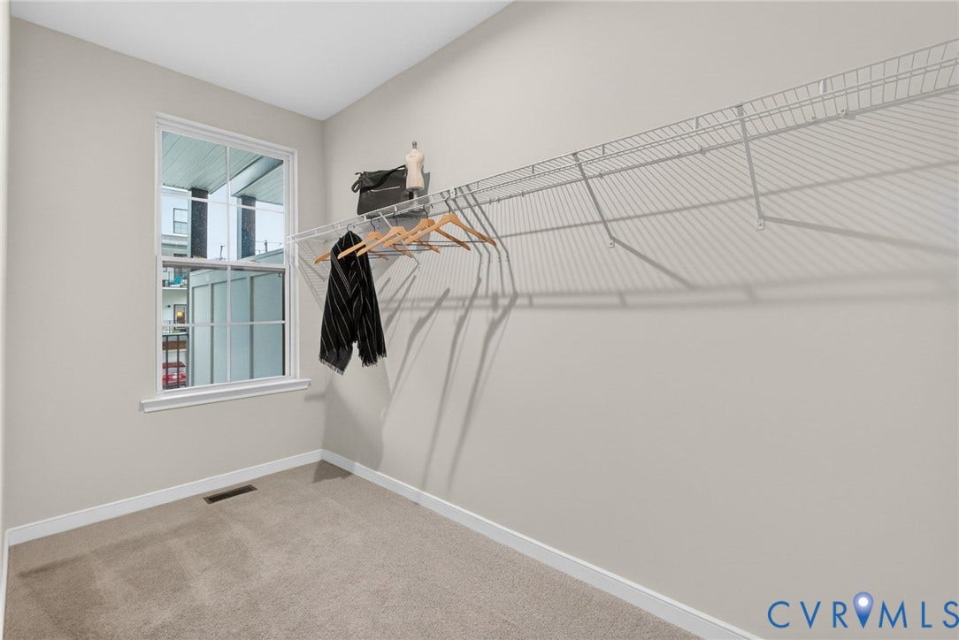 2439 Ownby Lane, #B 13, Richmond, VA 23220 Dedicated storage room featuring wall-mounted wire shelving with multiple tiers, neutral carpeting, and a casement window with natural light