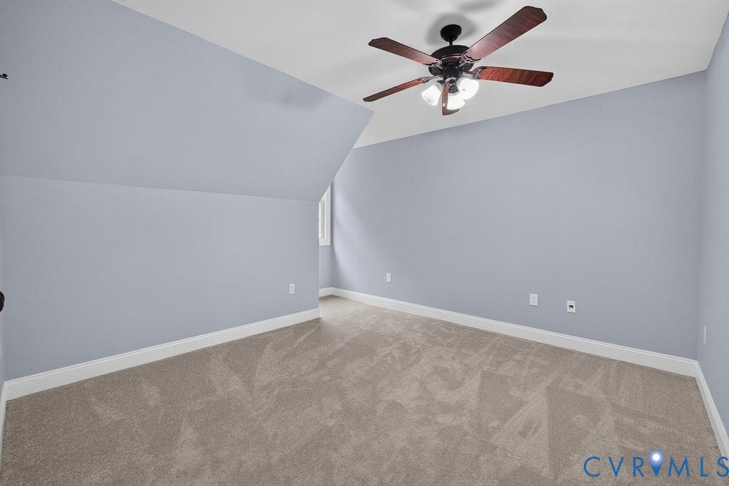 8825 First Branch Lane, Chesterfield, VA 23838 Sloped ceiling, recessed window, ceiling fan with integrated lighting, wall-to-wall carpeting, and light blue wall finish