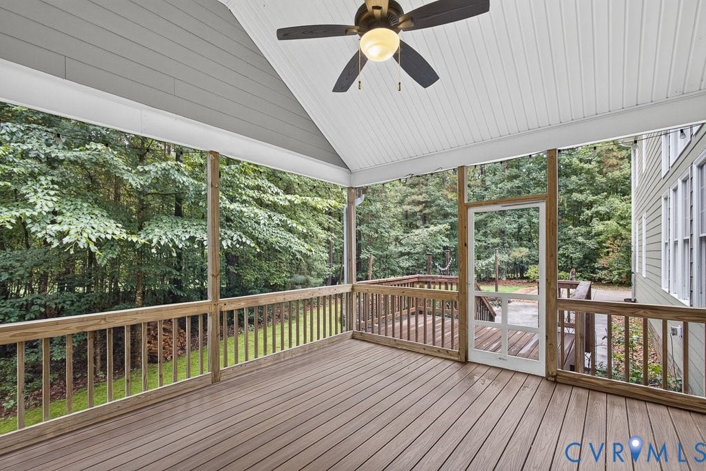 8825 First Branch Lane, Chesterfield, VA 23838 Screened porch with composite decking, vaulted ceiling, and ceiling fan