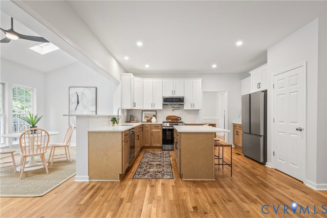 3929 Meadowview Lane, Richmond, VA 23223 Bright, open-concept kitchen featuring custom white cabinetry, wood-finish island with seating, stainless steel appliances, and quartz countertops