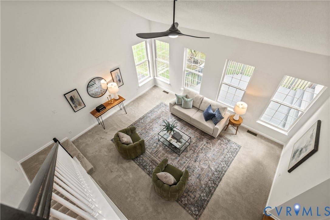3929 Meadowview Lane, Richmond, VA 23223 Vaulted ceiling with a ceiling fan, light-toned carpeting, white walls, and multiple windows