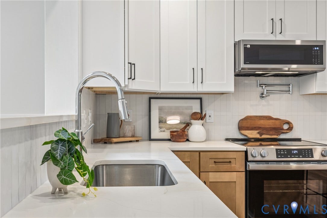 3929 Meadowview Lane, Richmond, VA 23223 Contemporary kitchen featuring white shaker cabinetry, stainless steel appliances including a built-in microwave, quartz countertops, a professional-grade faucet with pulldown spray, and subway tile backsplash accents the clean, modern aesthetic