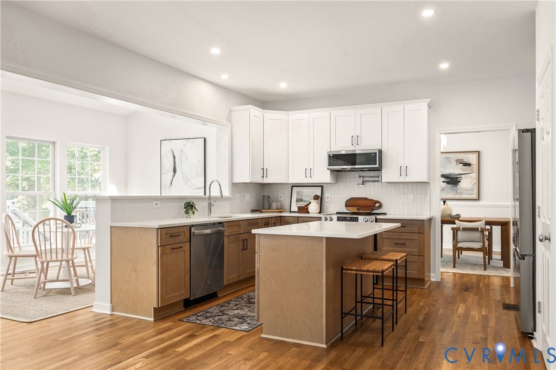 3929 Meadowview Lane, Richmond, VA 23223 Updated kitchen featuring a central island with countertop, two-tone cabinetry, stainless steel appliances, and wood-finish flooring