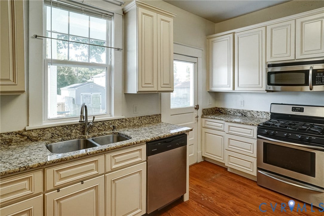 801 Edge Hill Road, Battery Court, Richmond, VA 23222 Kitchen featuring HW flooring, light-toned cabinetry, granite countertops, stainless steel appliances, and a dual basin sink and access to back porch and fenced in backyard