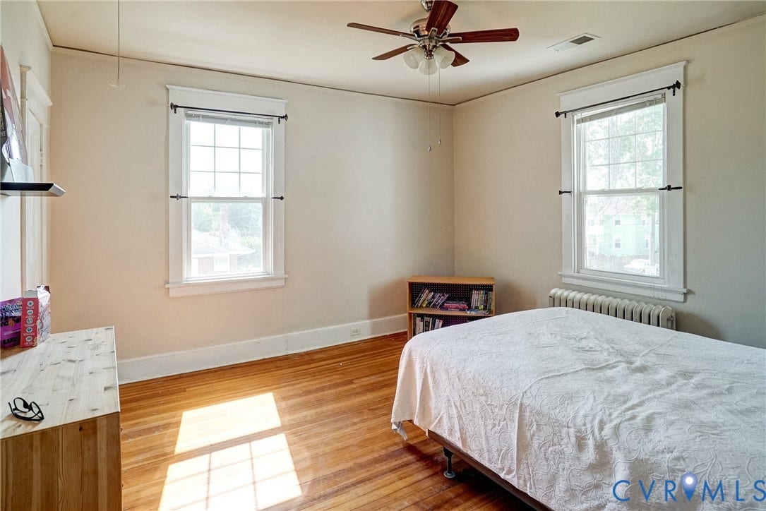 801 Edge Hill Road, Battery Court, Richmond, VA 23222 Bedroom #4 with HW flooring, two large windows, a ceiling fan with light fixture