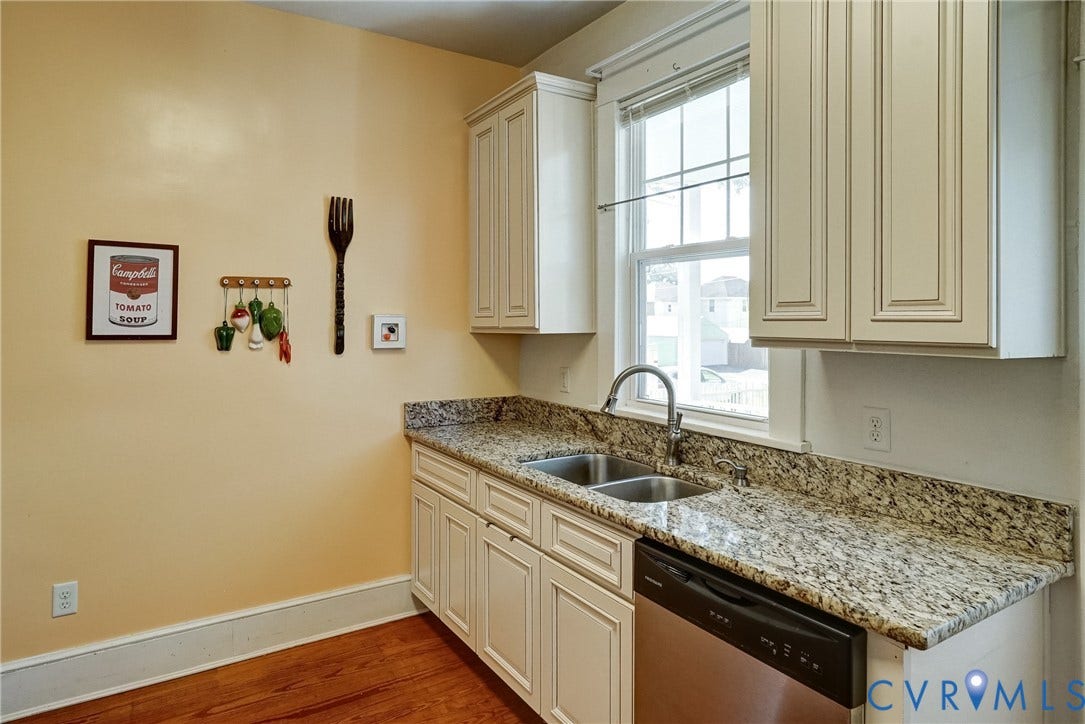 801 Edge Hill Road, Battery Court, Richmond, VA 23222 Light-toned cabinetry, granite-style countertops, stainless steel dishwasher, and a double basin sink with a gooseneck faucet