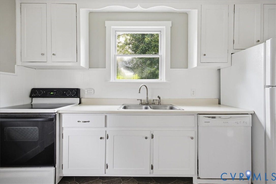 7232 Hopkins Road, North Chesterfield, VA 23237 Kitchen featuring white cabinetry, a double basin sink, and a black electric range