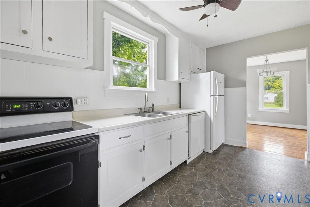 7232 Hopkins Road, North Chesterfield, VA 23237 Kitchen featuring white cabinetry, a double basin stainless steel sink, black range, and stone-patterned flooring