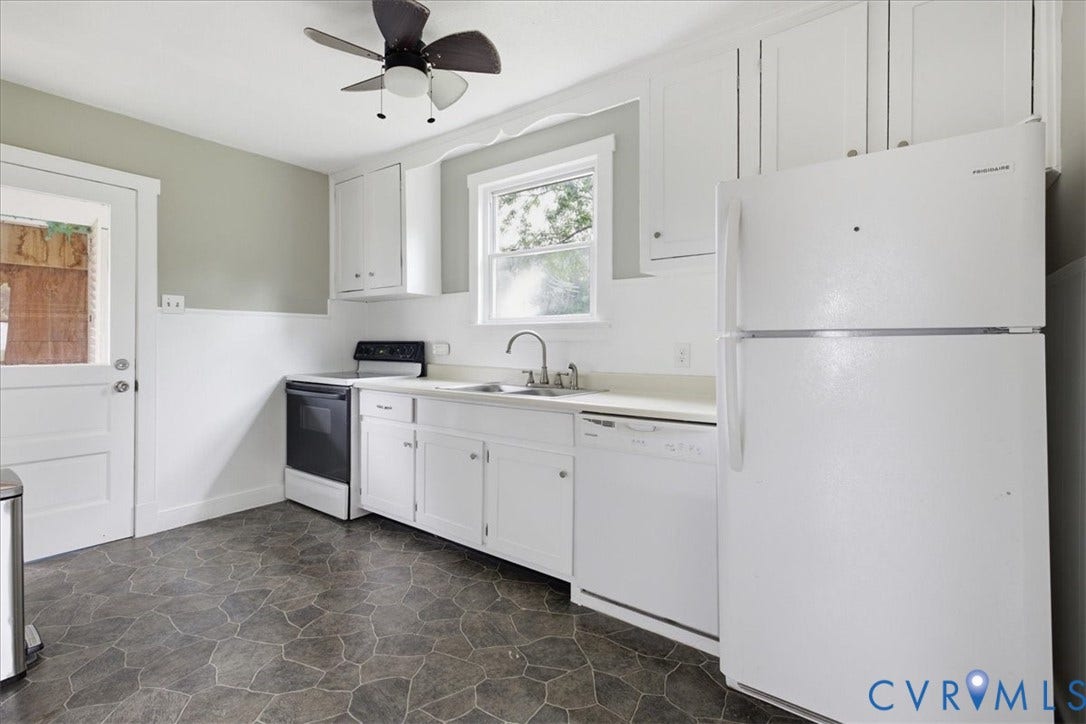 7232 Hopkins Road, North Chesterfield, VA 23237 Kitchen featuring white cabinetry, a top-freezer refrigerator, dishwasher, and an electric range