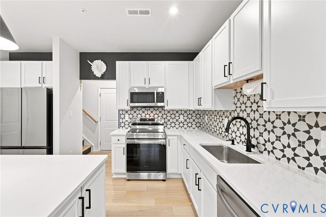 2445 Ownby Lane, #B15, Greater Scott's Addition, Richmond, VA 23220 Kitchen featuring white cabinetry with black hardware, stainless steel appliances, a black and white geometric tile backsplash, a matte black faucet, and light wood-finish flooring