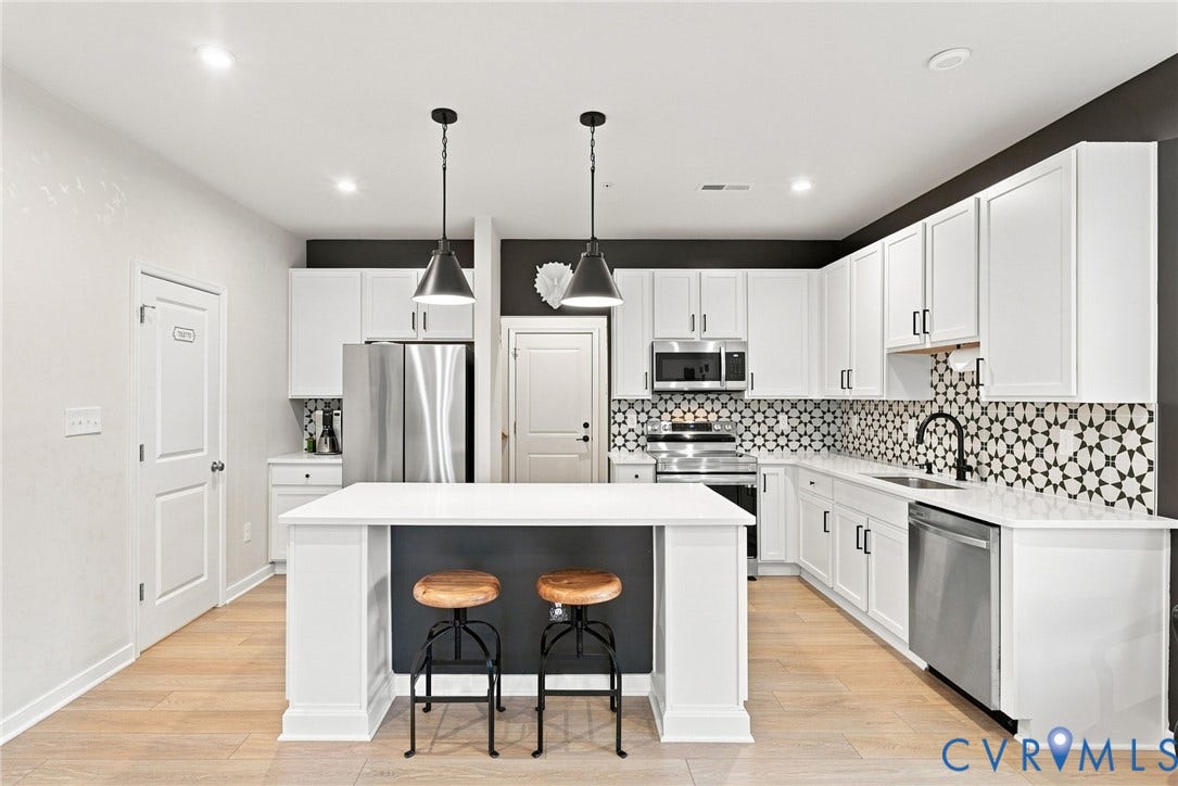 2445 Ownby Lane, #B15, Greater Scott's Addition, Richmond, VA 23220 White cabinetry, stainless steel appliances, geometric tile backsplash, light wood-finish flooring, and a central island with pendant lighting