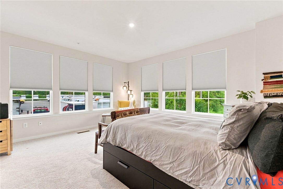 2445 Ownby Lane, #B15, Greater Scott's Addition, Richmond, VA 23220 Multiple windows with white sills, neutral-toned walls, recessed lighting, and light-colored carpeting
