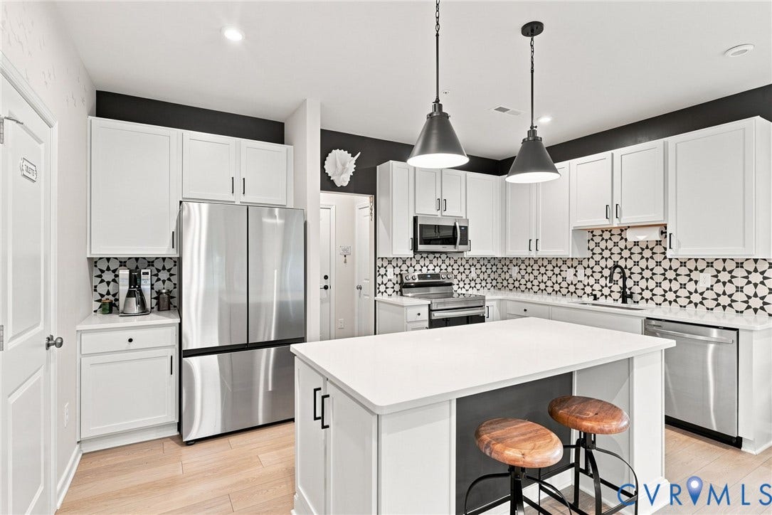 2445 Ownby Lane, #B15, Greater Scott's Addition, Richmond, VA 23220 Kitchen featuring white cabinetry, stainless steel appliances, a center island with countertop, patterned tile backsplash, and light wood-finish flooring