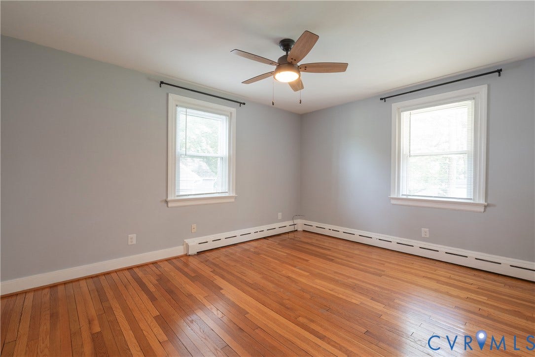 5709 Monument Avenue, Richmond, VA 23226 Bedroom #2 with Hardwood flooring, two windows, ceiling fan with integrated lighting