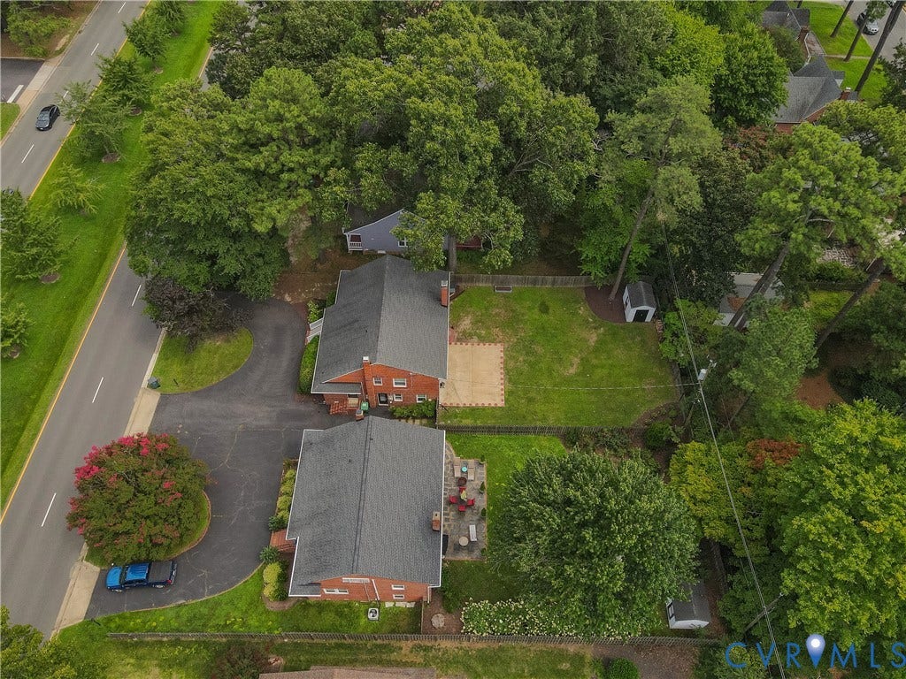 5709 Monument Avenue, Richmond, VA 23226 Aerial perspective showcasing the property and patio