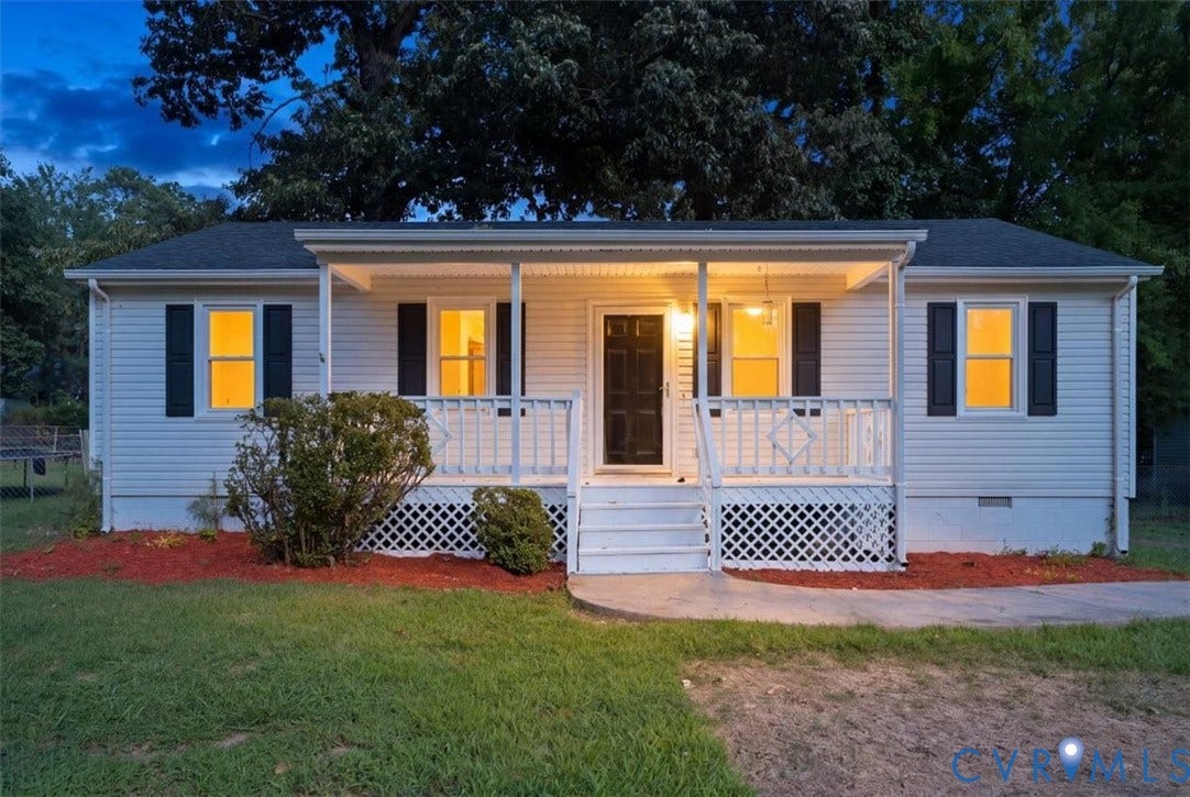 21103 Rabbit Run, Chesterfield, VA 23803 Inviting front porch, white siding exterior, dark shutters, and a dark entry door