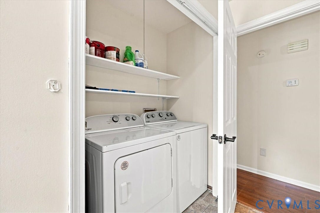21103 Rabbit Run, Chesterfield, VA 23803 Laundry area featuring a built-in shelf system, included washer and dryer, and tiled flooring