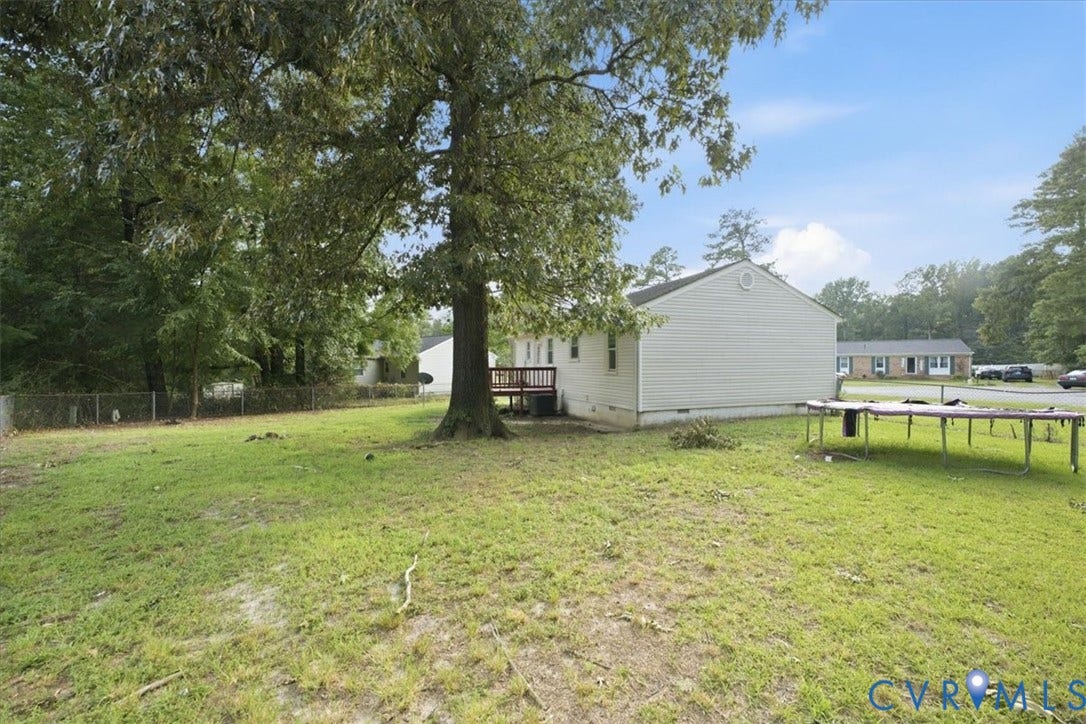 21103 Rabbit Run, Chesterfield, VA 23803 Expansive rear yard featuring mature trees, a chain-link fence, and a wood deck