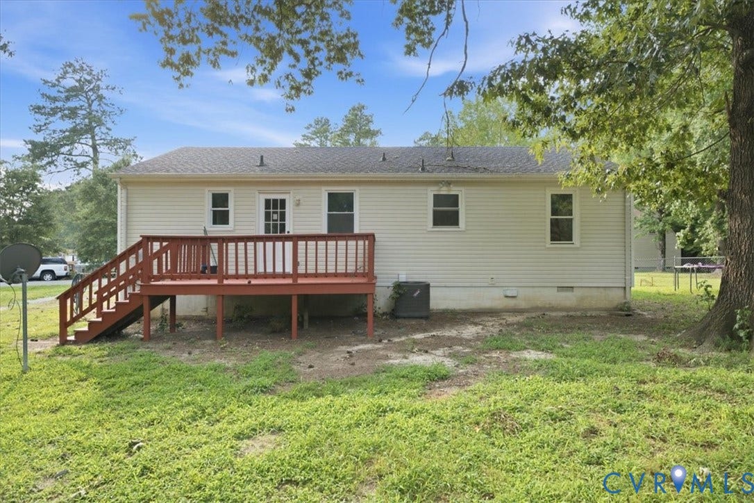 21103 Rabbit Run, Chesterfield, VA 23803 Exterior siding with a rear wooden deck featuring railings and stairs