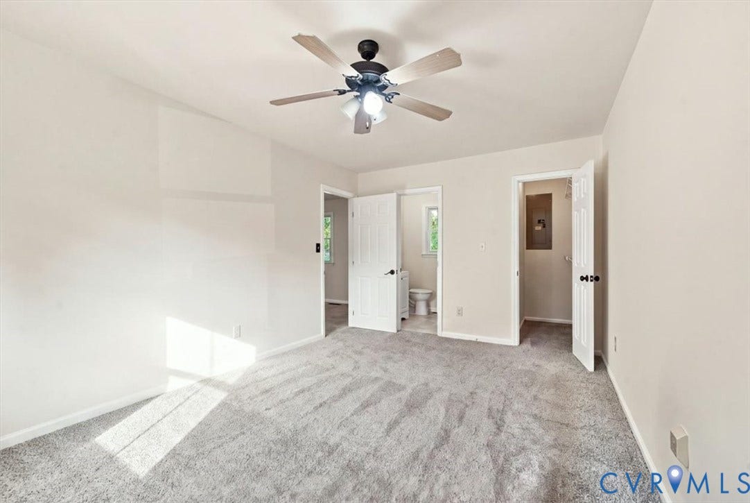 21103 Rabbit Run, Chesterfield, VA 23803 Neutral tone walls, grey carpet flooring, Ceiling fan with integrated lighting, and white doors with matte black hardware