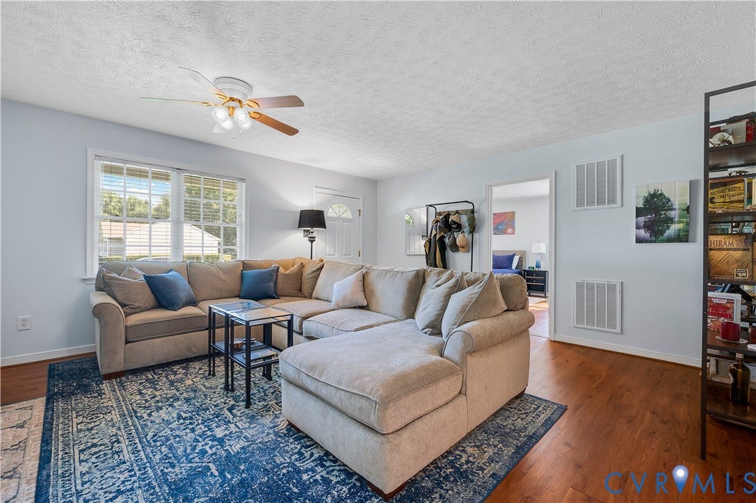 3117 Pinefields Drive, Henrico, VA 23231 Spacious living room anchored by hardwood flooring and abundant natural light from multi-pane windows