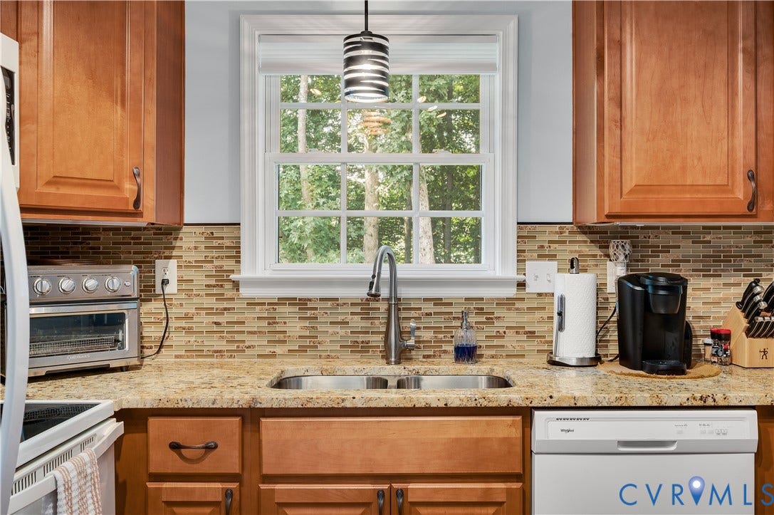 3117 Pinefields Drive, Henrico, VA 23231 Kitchen featuring wood cabinetry, granite countertops backsplash, a double basin sink with a gooseneck faucet, and a built-in dishwasher