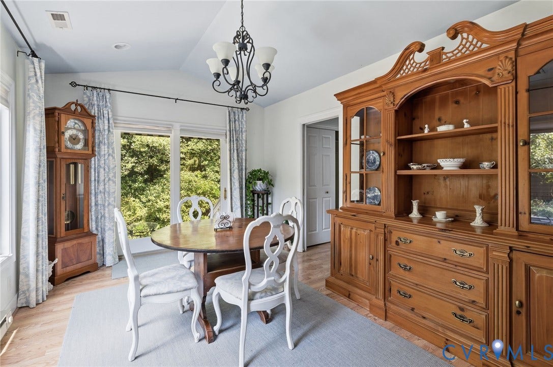 8208 Michael Road, Henrico, VA 23229 Vaulted ceiling, wood-finish flooring, sliding glass door, and elegant chandelier