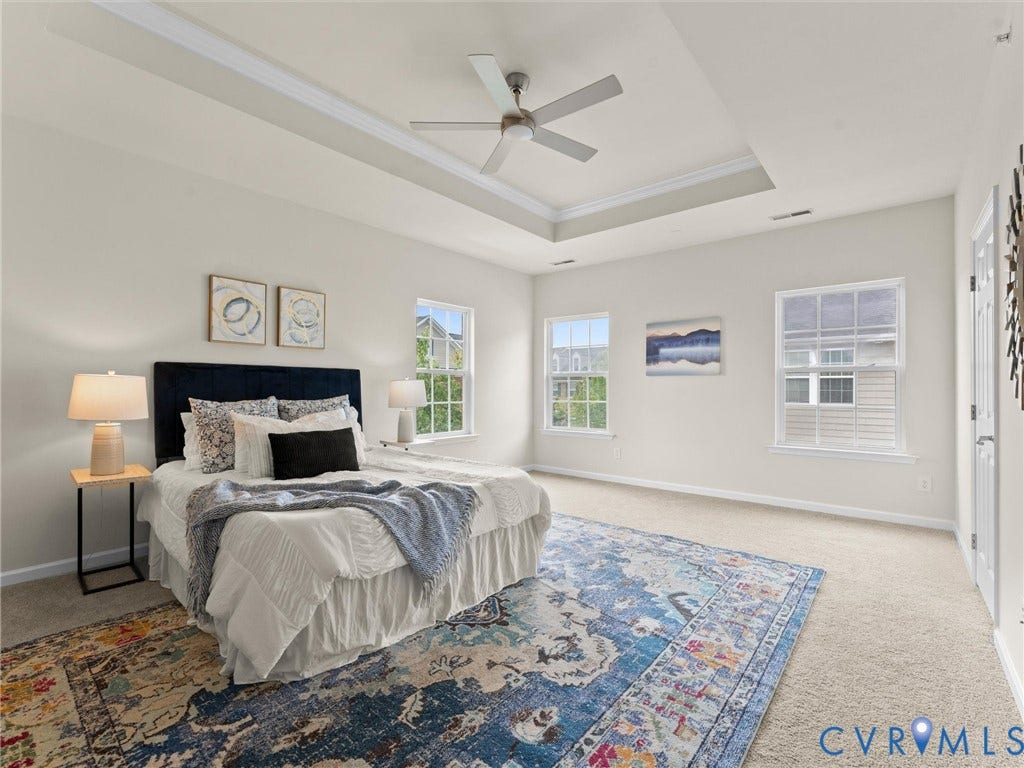 1901 Liesfeld Parkway, West Broad Village, Glen Allen, VA 23060 Tray ceiling with crown molding, ceiling fan, and carpeted flooring