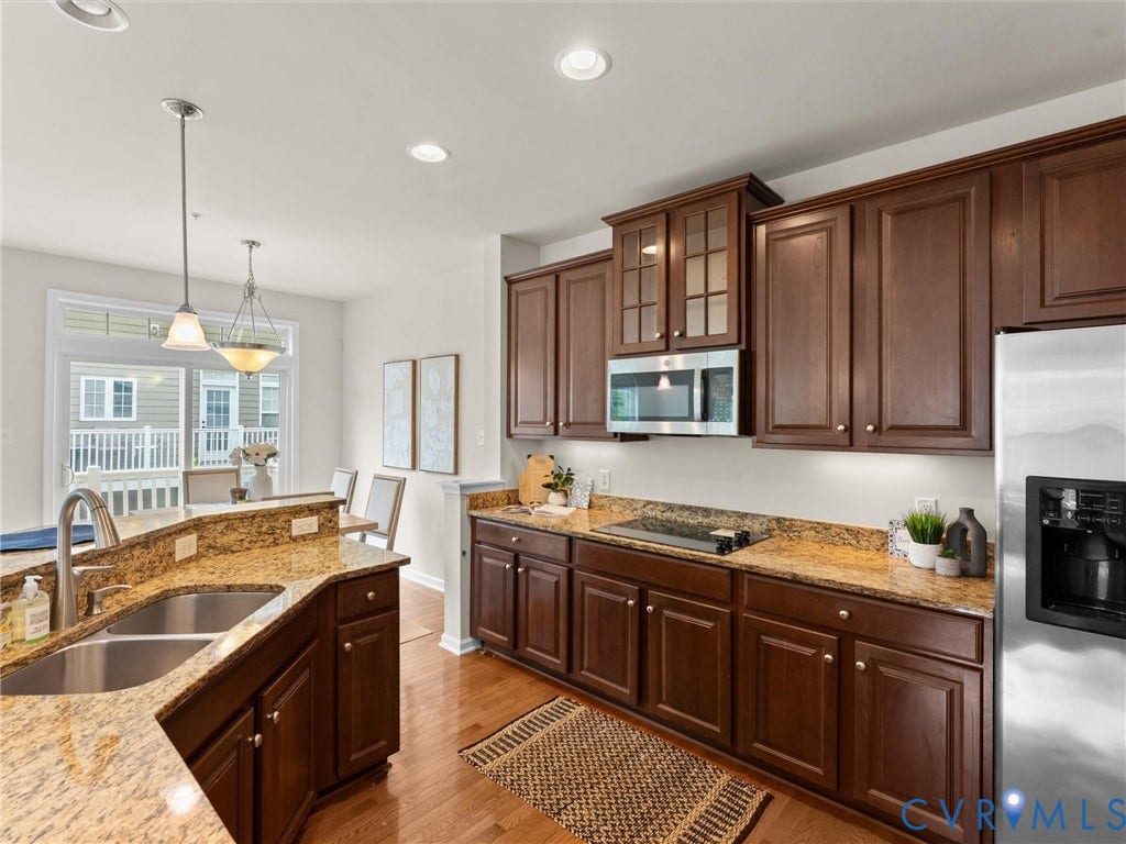 1901 Liesfeld Parkway, West Broad Village, Glen Allen, VA 23060 Kitchen featuring rich wood cabinetry, granite countertops, stainless steel appliances, and a double basin sink