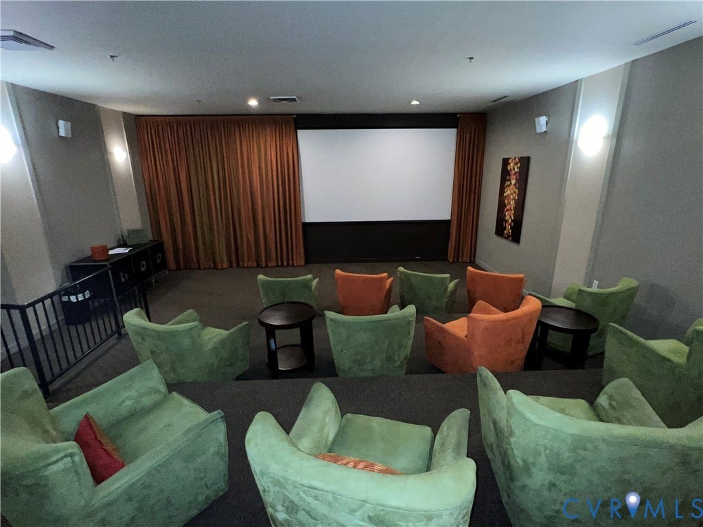 1901 Liesfeld Parkway, West Broad Village, Glen Allen, VA 23060 Theater room with tiered seating, wall-mounted screen, and full-wall drapes