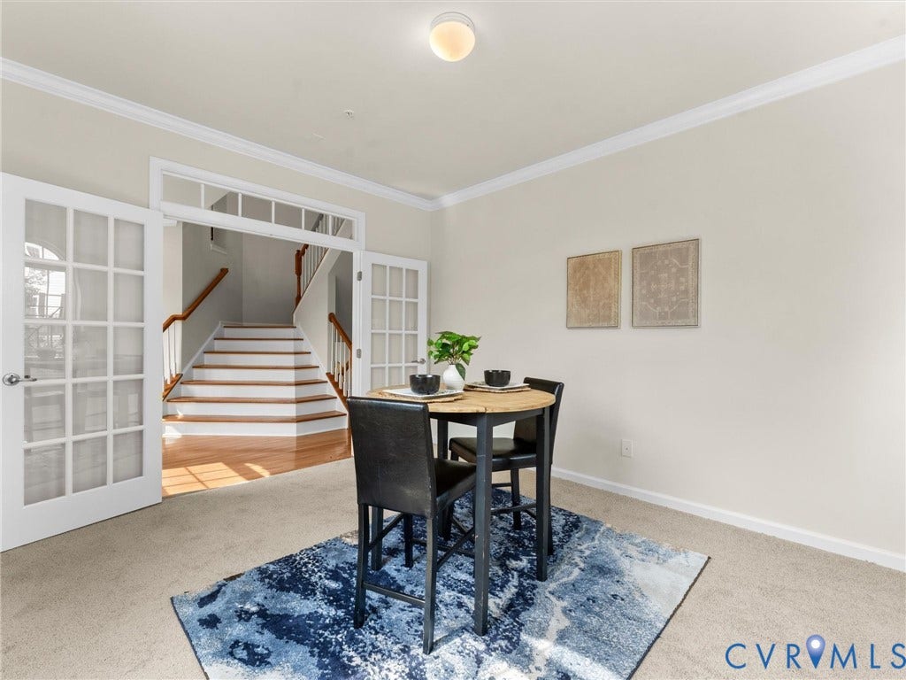 1901 Liesfeld Parkway, West Broad Village, Glen Allen, VA 23060 French doors with transom window, crown molding, light-toned walls, wood-finish staircase, and neutral carpeting