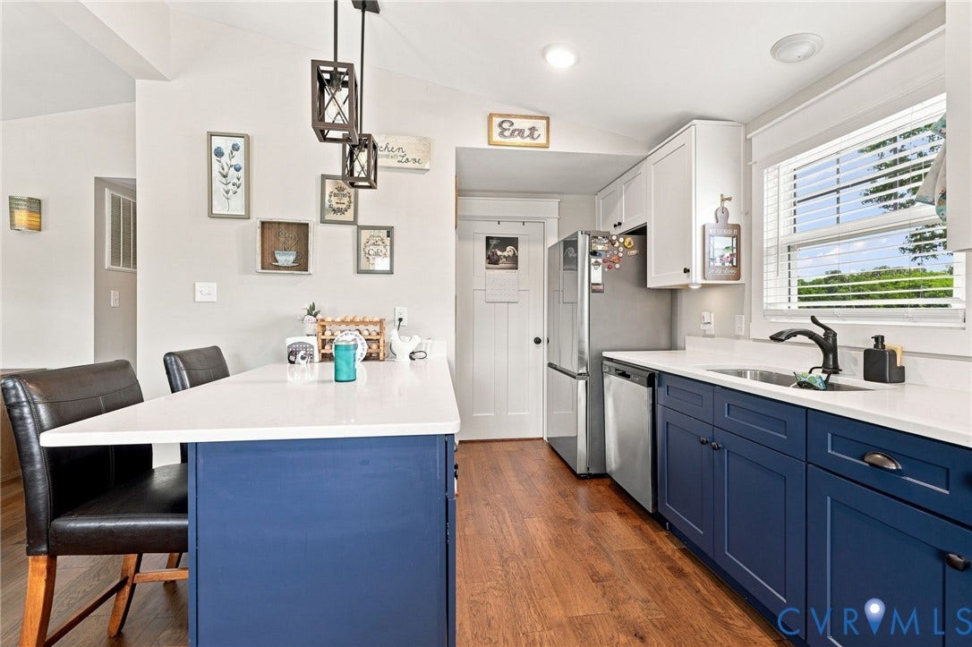 1108 Schroeder Road, Powhatan, VA 23139 Kitchen featuring wood-finish flooring, white countertops, built-in stainless steel appliances, white upper cabinetry, and blue lower cabinetry