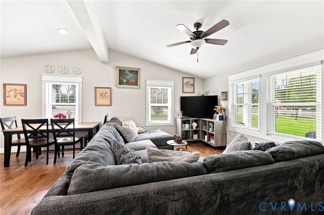 1108 Schroeder Road, Powhatan, VA 23139 Vaulted ceiling with exposed beam, wood-finish flooring, recessed lighting, and a ceiling fan