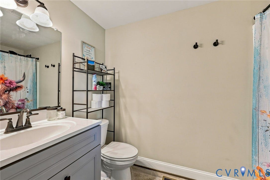 1108 Schroeder Road, Powhatan, VA 23139 Vanity with an integrated sink, bronze-finish faucet, and overhead vanity lighting