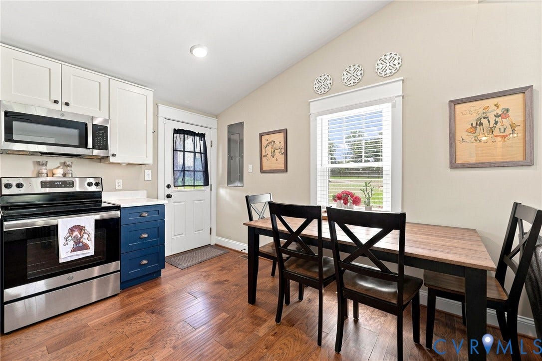 1108 Schroeder Road, Powhatan, VA 23139 Kitchen featuring stainless steel appliances, white cabinetry, blue base cabinet, wood-finish flooring, and a dining area with a prominent window