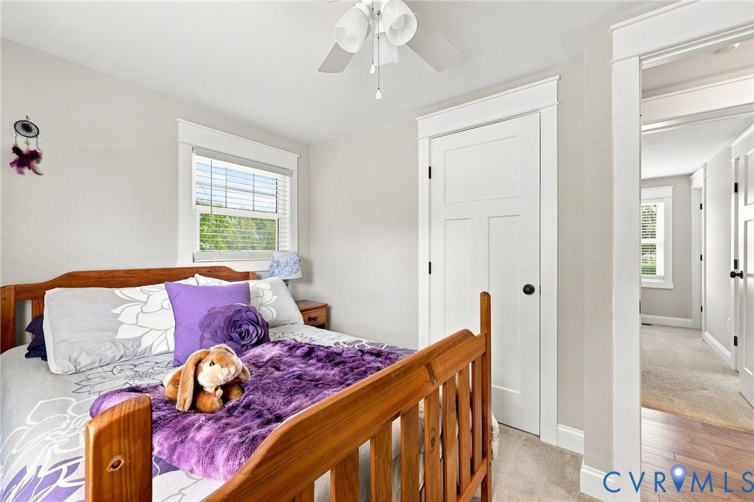 1108 Schroeder Road, Powhatan, VA 23139 Carpeted bedroom with a ceiling fan, a window with blinds, and white trim details