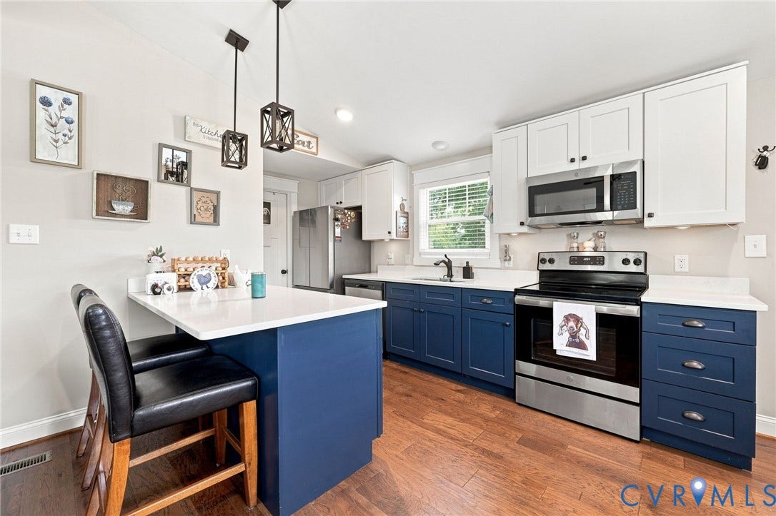 1108 Schroeder Road, Powhatan, VA 23139 Kitchen featuring dual-toned cabinetry, stainless steel appliances, white countertops, and wood-finish flooring