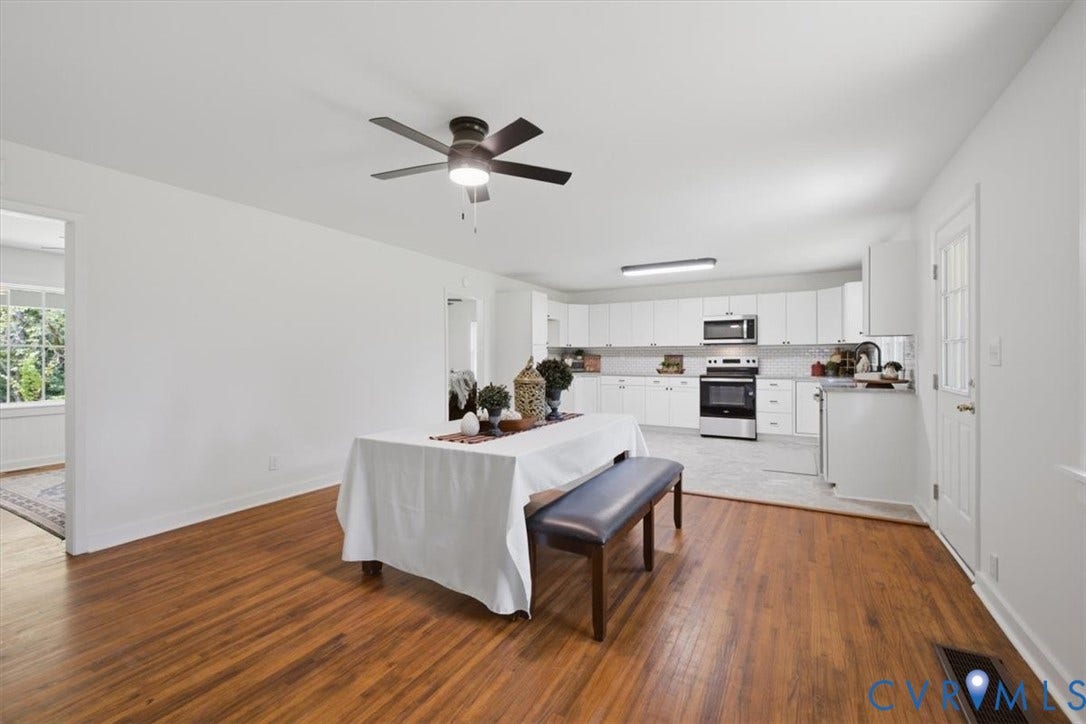 2338 Georges Road, Powhatan, VA 23139 Hardwood flooring, ceiling fan with integrated lighting, white kitchen cabinetry, stainless steel appliances, and a tiled kitchen backsplash