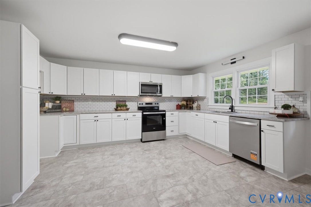 2338 Georges Road, Powhatan, VA 23139 White shaker cabinetry with dark hardware, stainless steel appliances, grey countertop, subway tile backsplash, and light grey flooring