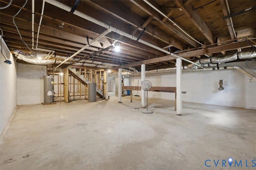 2338 Georges Road, Powhatan, VA 23139 Unfinished basement featuring concrete flooring, exposed wood beam ceiling, support columns, and utility access