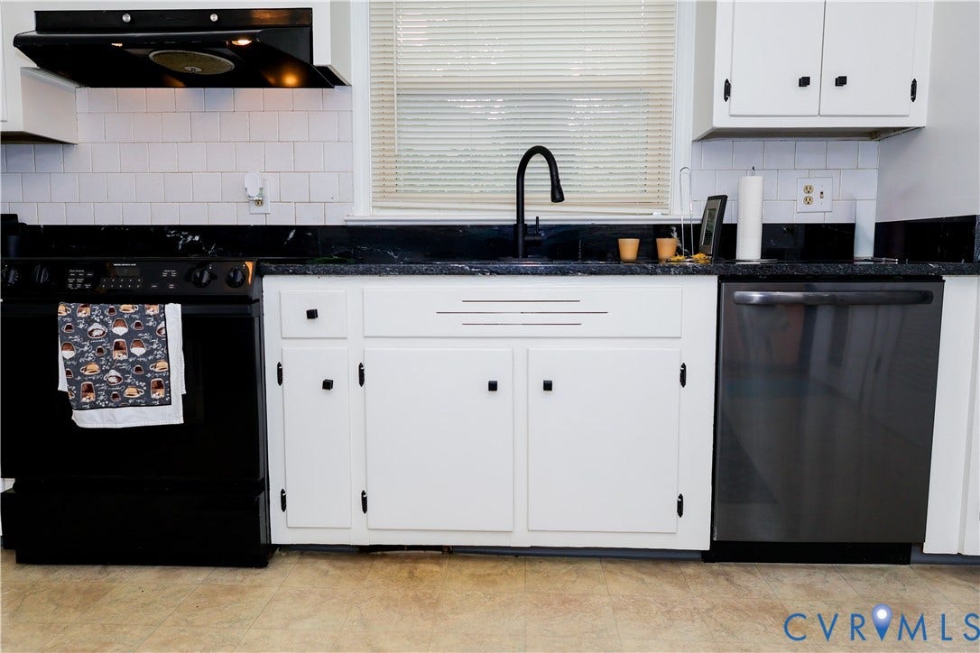 4941 Hopkins Road, Chesterfield, VA 23234 White cabinetry with black hardware, granite countertops, built-in range, and dishwasher