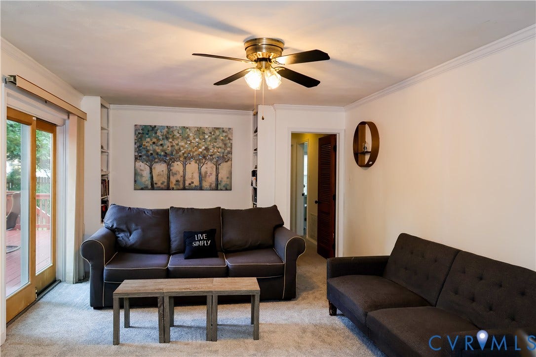 4941 Hopkins Road, Chesterfield, VA 23234 Recessed built-in shelving, ceiling fan w lighting, sliding glass door with wood-finish frame leads to massive deck, crown molding, and carpeted flooring.