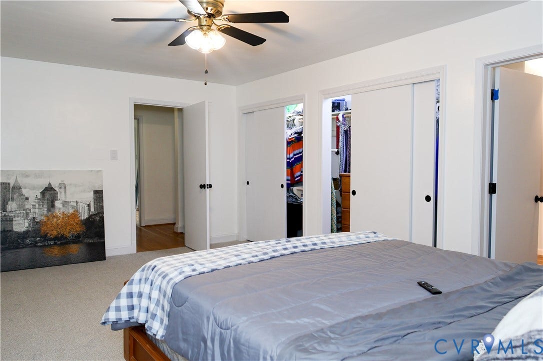 4941 Hopkins Road, Chesterfield, VA 23234 Recessed lighting with a ceiling fan, carpeted flooring, and multiple closet spaces with sliding doors